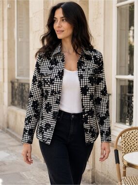 French Girl Black White Gingham Floral Jacket Blazer Size 10 Gerry Weber